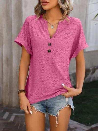 Eyelet Notched Short Sleeve T-Shirt - Trendsi - Flyclothing LLC