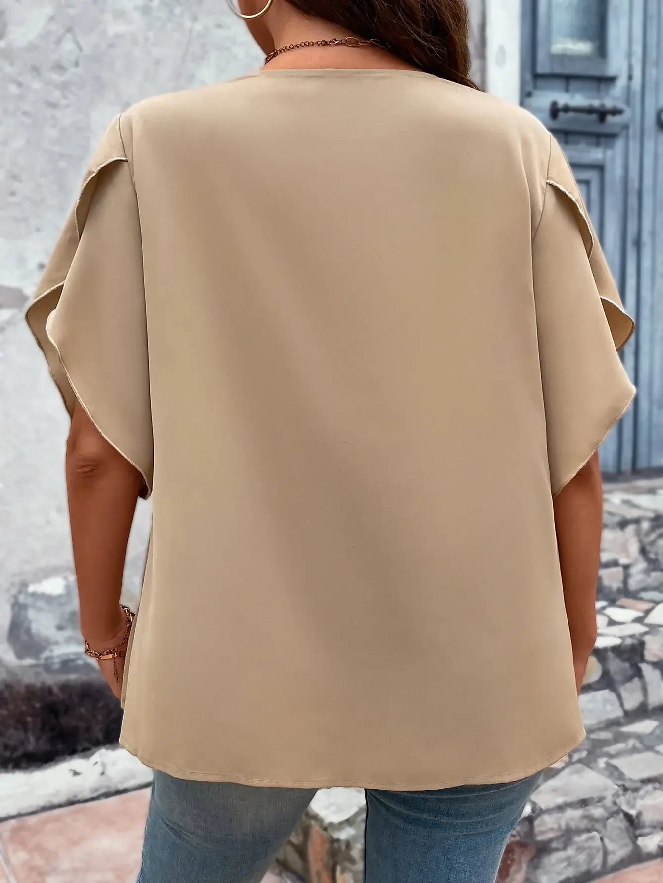 Plus Size V-Neck Flutter Sleeve Blouse - Trendsi - Flyclothing LLC