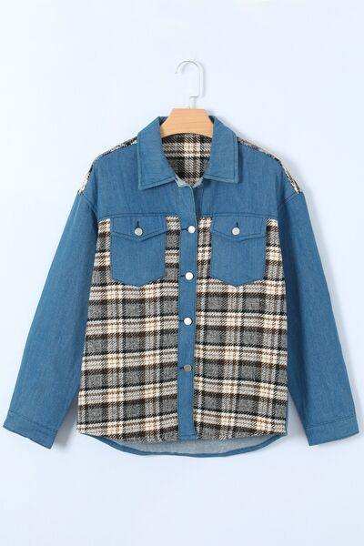 Plaid Pocketed Button Up Denim Jacket - Trendsi - Flyclothing LLC