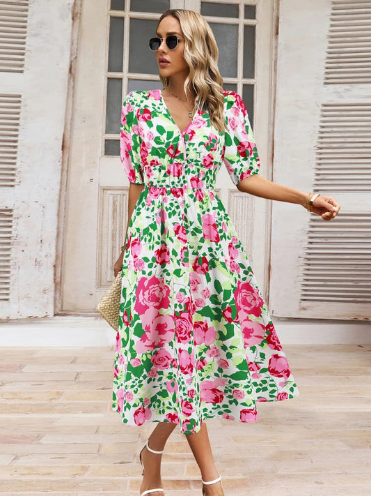 Ruched Printed Surplice Short Sleeve Dress - Trendsi