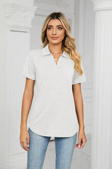 Curved Hem Johnny Collar Polo Shirt - Trendsi - Flyclothing LLC