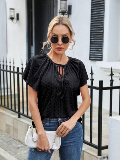 Eyelet Tie Neck Flutter Sleeve Blouse - Trendsi