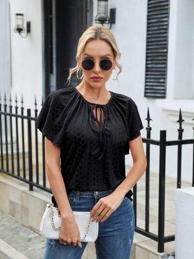 Eyelet Tie Neck Flutter Sleeve Blouse - Trendsi - Flyclothing LLC