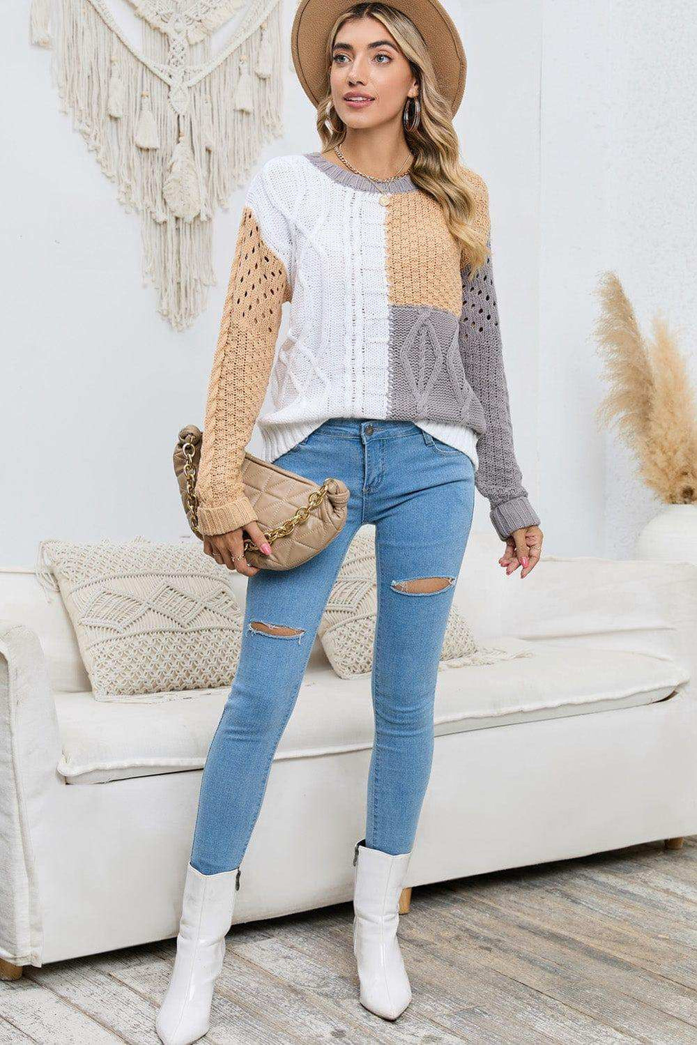 Cable-Knit Openwork Round Neck Color Block Sweater - Trendsi - Flyclothing LLC