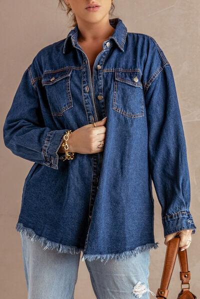 Button Up Pocketed Raw Hem Denim Jacket - Trendsi