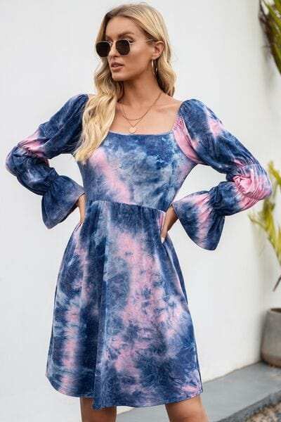 Tie-Dye Square Neck Flounce Sleeve Dress - Trendsi - Flyclothing LLC