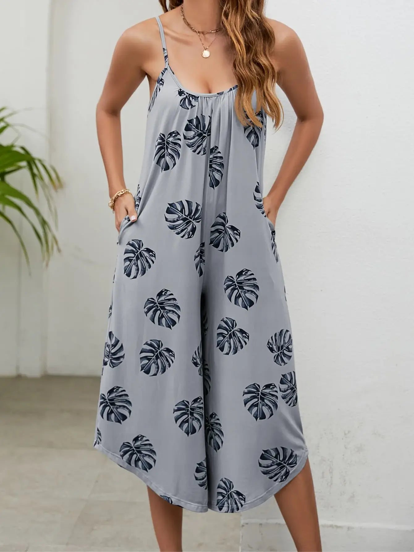 Botanical Print Spaghetti Strap Scoop Neck Jumpsuit - Trendsi - Flyclothing LLC