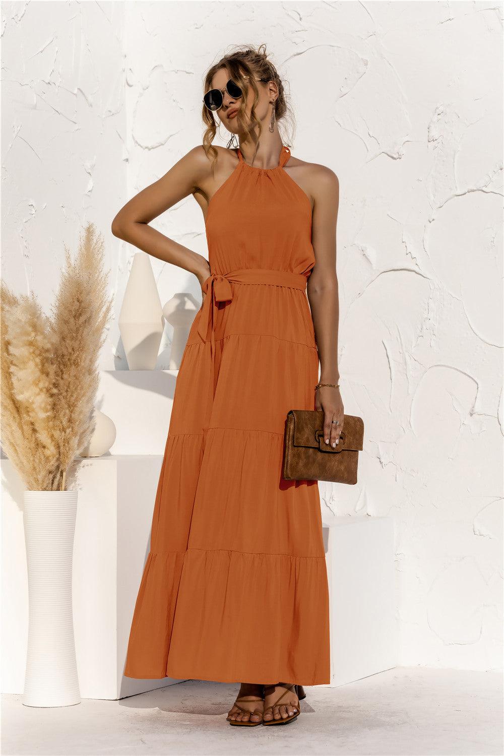 Halter Neck Tie Waist Tiered Maxi Dress - Trendsi - Flyclothing LLC