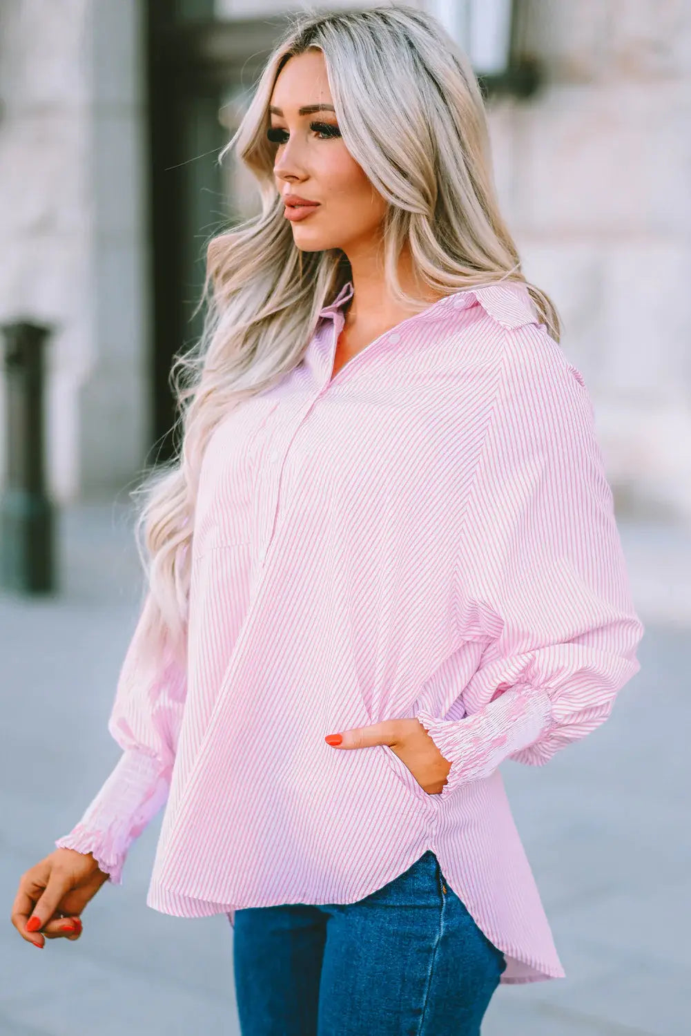 Striped Lantern Sleeve Collared Shirt - Trendsi - Flyclothing LLC