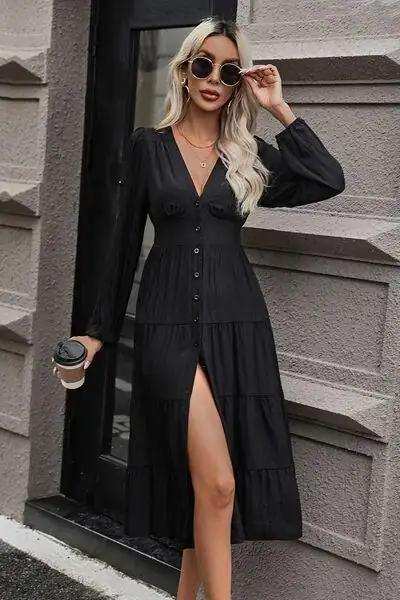 Tiered Ruched Button Up Midi Dress - Trendsi - Flyclothing LLC