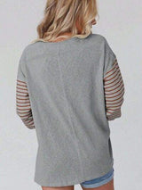 Round Neck Striped Long Sleeve Slit T-Shirt - Trendsi - Flyclothing LLC