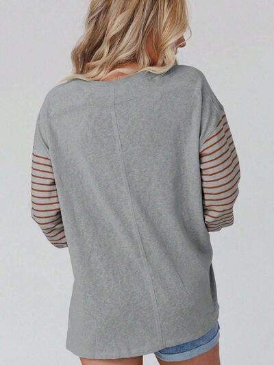 Round Neck Striped Long Sleeve Slit T-Shirt - Trendsi - Flyclothing LLC