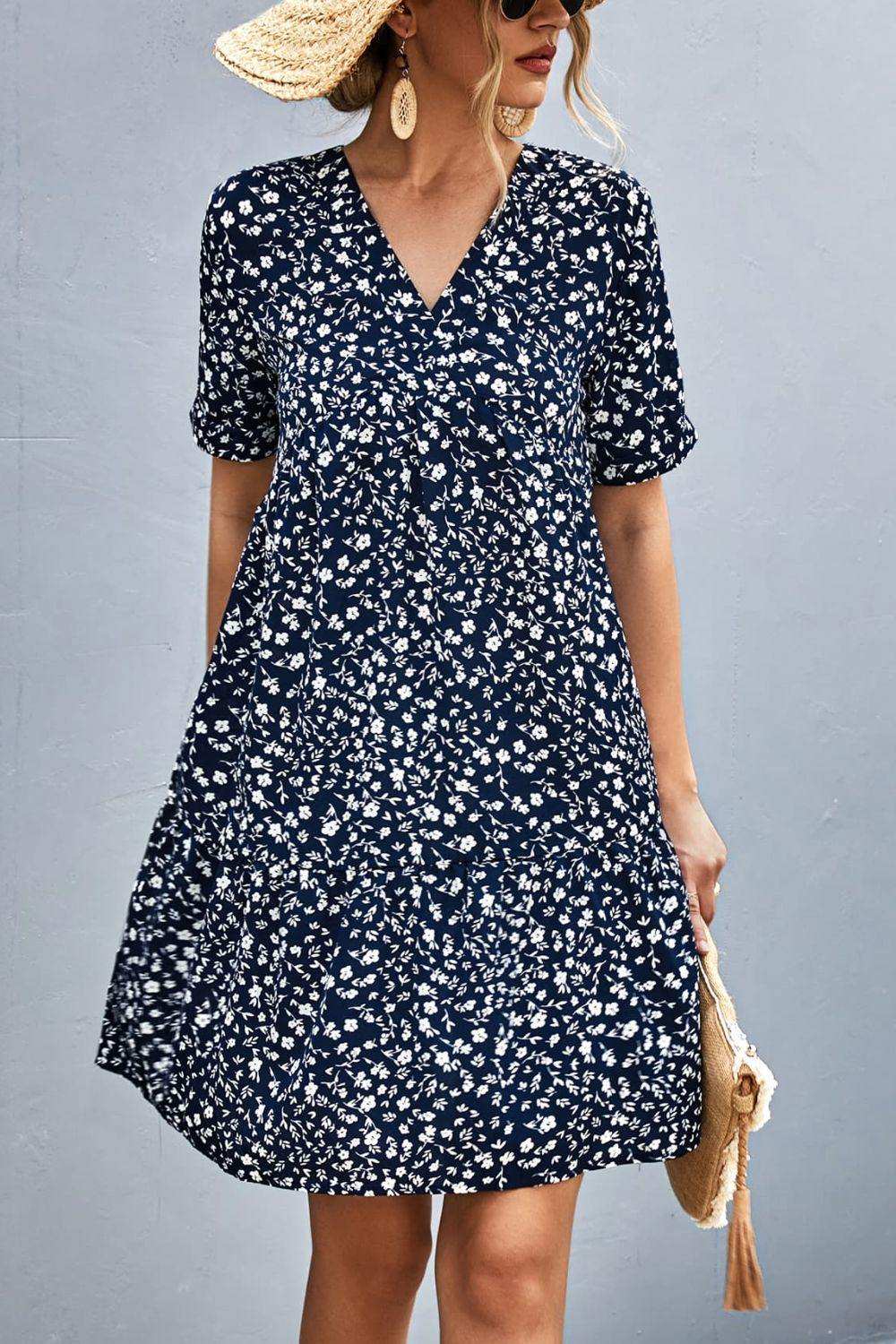 Ditsy Floral Empire Waist Plunge Short Sleeve Dress - Trendsi - Flyclothing LLC