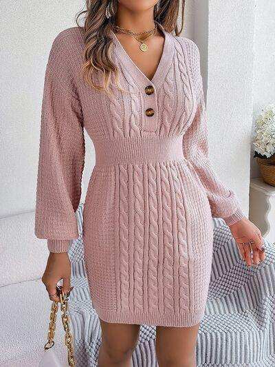 Buttoned Cable-Knit V-Neck Sweater Dress - Trendsi - Flyclothing LLC