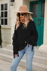 Ribbed Round Neck Fringe Detail Sweater - Trendsi - Flyclothing LLC