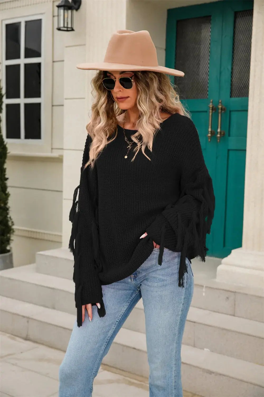 Ribbed Round Neck Fringe Detail Sweater - Trendsi - Flyclothing LLC