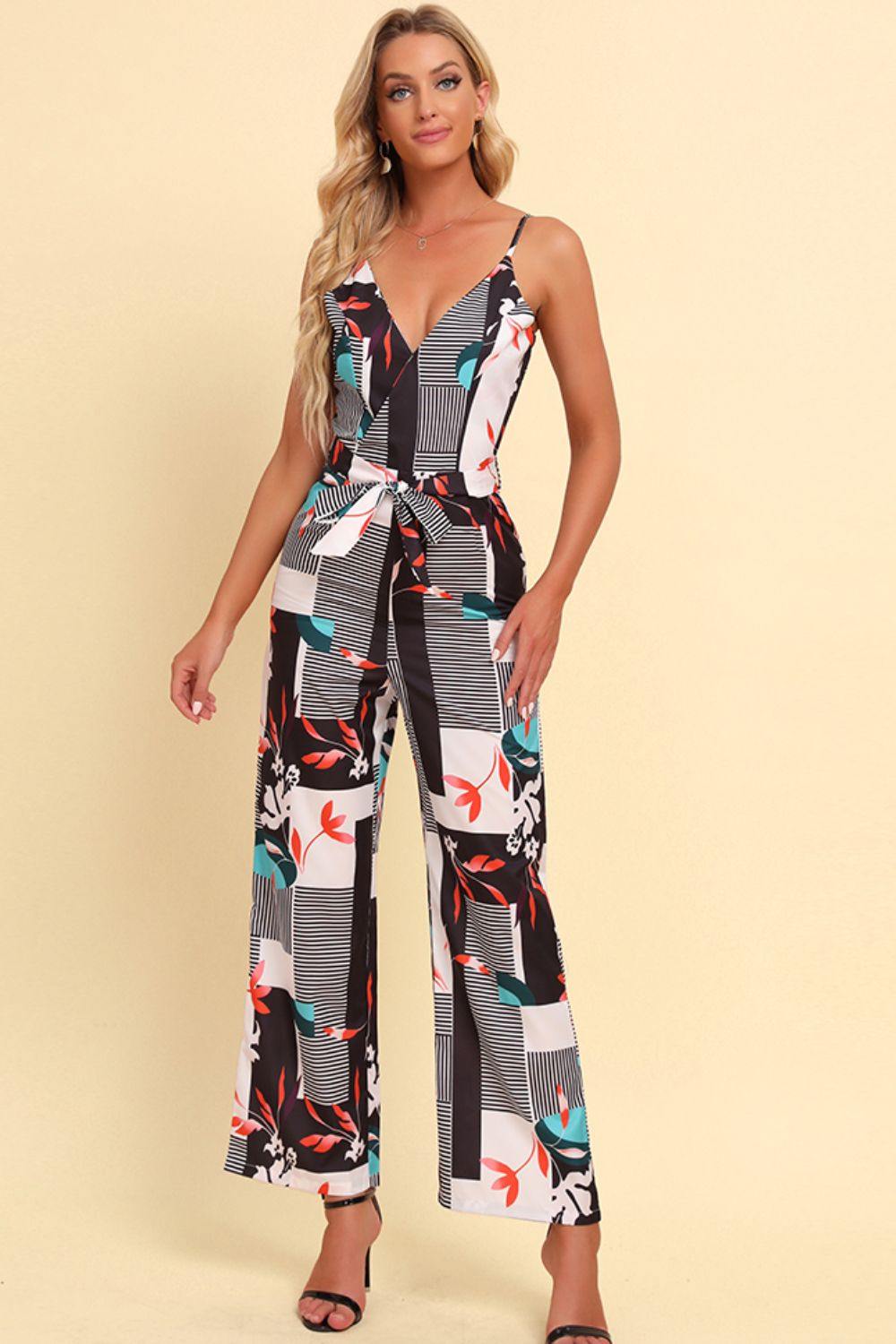 Printed Spaghetti Strap Tied Jumpsuit - Trendsi