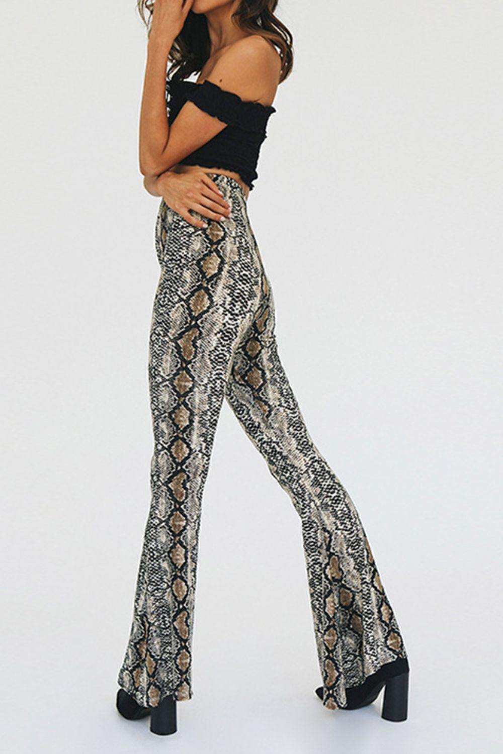 Snakeskin Print Flare Pants - Trendsi - Flyclothing LLC