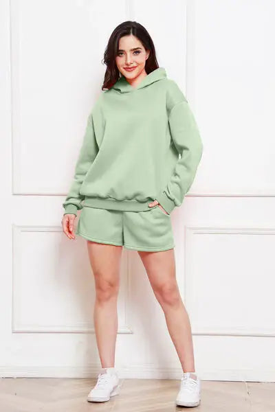 Drop Shoulder Long Sleeve Hoodie and Shorts Set - Trendsi - Flyclothing LLC
