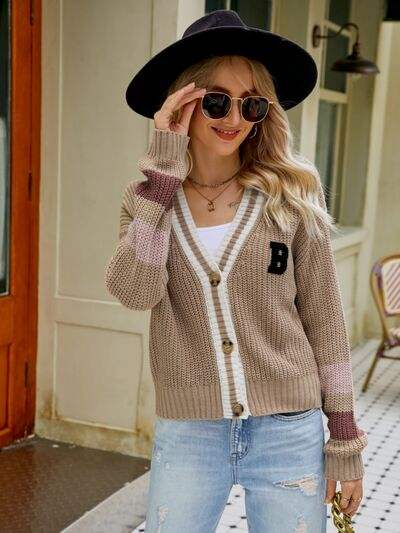 Contrast Button Up Dropped Shoulder Cardigan - Trendsi - Flyclothing LLC