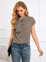 Tie Neck Printed Short Sleeve Blouse - Trendsi