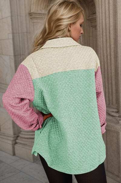 Color Block Button Up Long Sleeve Shacket - Trendsi - Flyclothing LLC