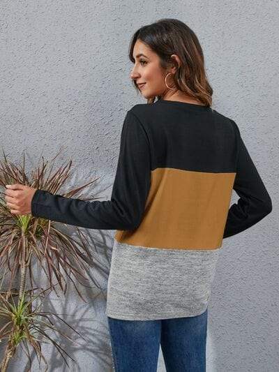 Color Block Round Neck Long Sleeve T-Shirt - Trendsi - Flyclothing LLC
