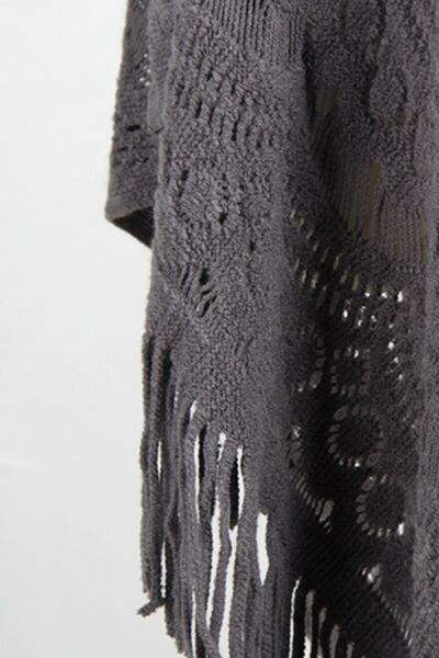 Fringe Openwork Surplice Cape Sleeve Poncho - Trendsi - Flyclothing LLC