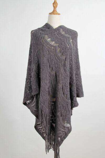 Fringe Openwork Surplice Cape Sleeve Poncho - Trendsi - Flyclothing LLC