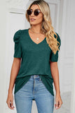 Heathered V-Neck Puff Sleeve T-Shirt - Trendsi - Flyclothing LLC