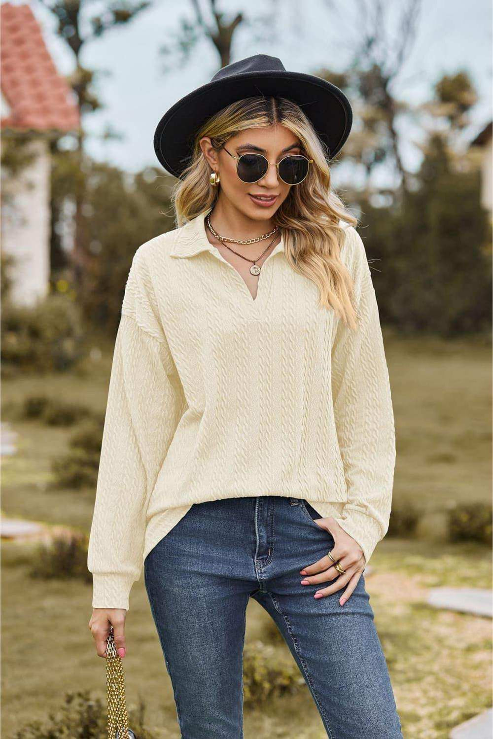 Collared Neck Cable-Knit Long Sleeve Blouse - Trendsi - Flyclothing LLC