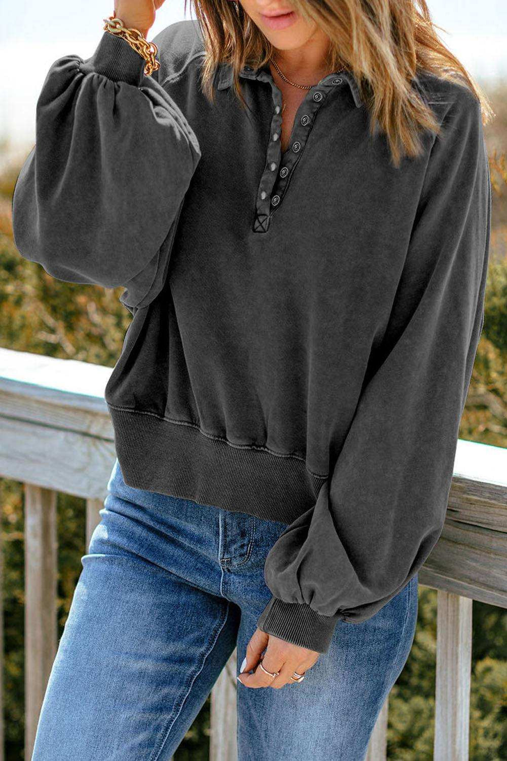 Quarter-Snap Collared Lantern Sleeve Sweatshirt - Trendsi - Flyclothing LLC