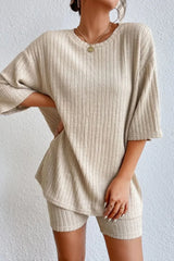 Round Neck Ribbed Top and Shorts Lounge Set - Trendsi - Flyclothing LLC