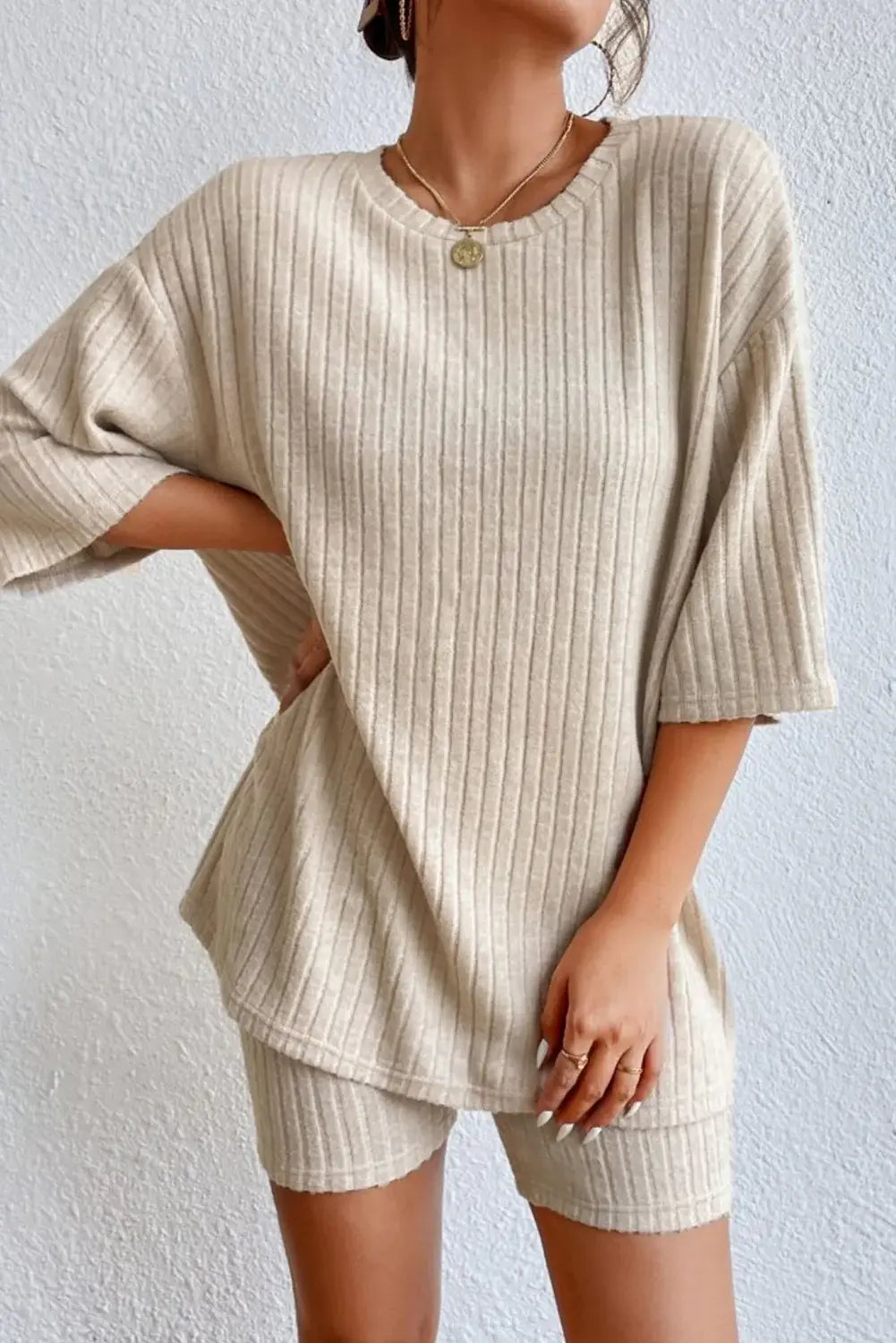 Round Neck Ribbed Top and Shorts Lounge Set - Trendsi - Flyclothing LLC