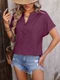 Notched Buttoned Short Sleeve T-Shirt - Trendsi - Flyclothing LLC