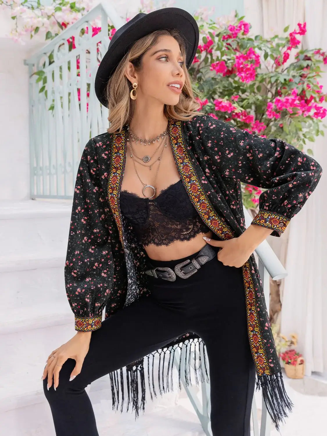 Printed Fringe Detail Cardigan - Trendsi - Flyclothing LLC