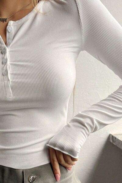 Half Button Long Sleeve T-Shirt - Trendsi - Flyclothing LLC