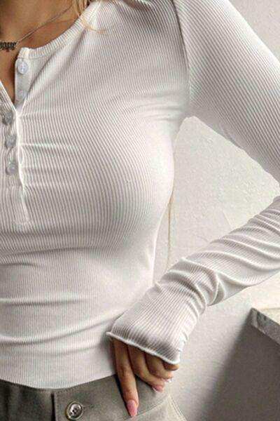 Half Button Long Sleeve T-Shirt - Trendsi - Flyclothing LLC