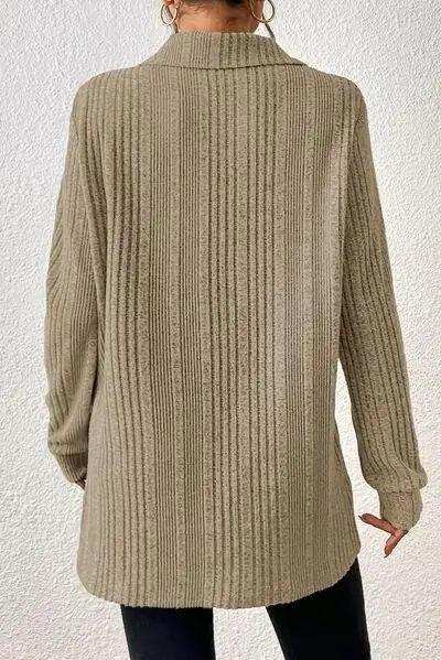 Slit Johnny Collar Long Sleeve Sweater - Trendsi - Flyclothing LLC