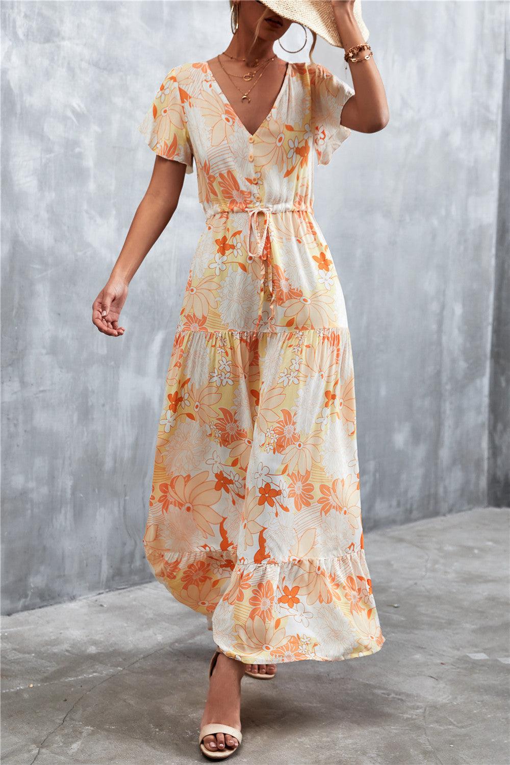 Floral Buttoned Drawstring Waist Tiered Dress - Trendsi - Flyclothing LLC