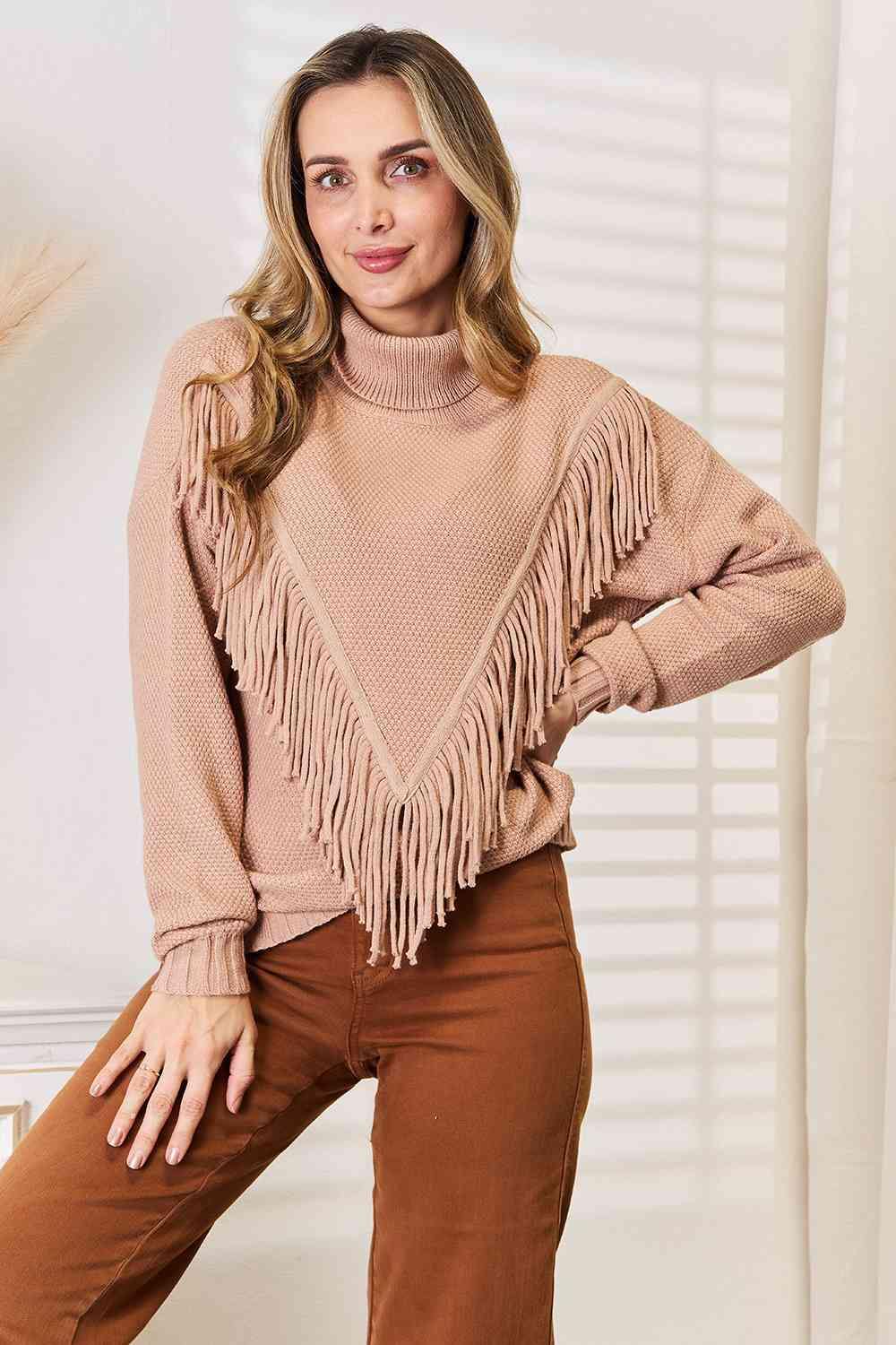 Woven Right Turtleneck Fringe Front Long Sleeve Sweater - Flyclothing LLC