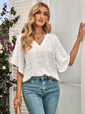 Swiss Dot Notched Neck Flare Sleeve Blouse - Trendsi - Flyclothing LLC