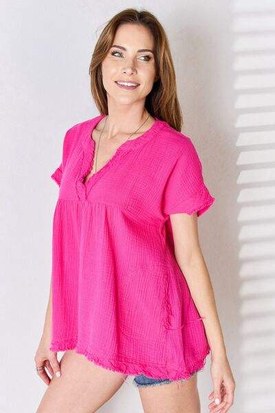 Zenana Full Size Raw Hem Short Sleeve Top - Trendsi - Flyclothing LLC