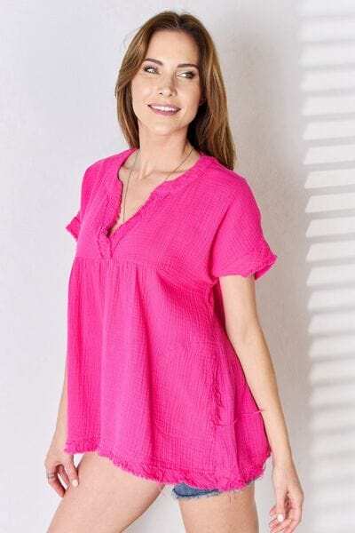 Zenana Full Size Raw Hem Short Sleeve Top - Trendsi - Flyclothing LLC