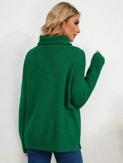 Slit Turtleneck Dropped Shoulder Sweater - Trendsi - Flyclothing LLC