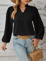 Ruched Swiss Dot Notched Balloon Sleeve T-Shirt - Trendsi - Flyclothing LLC