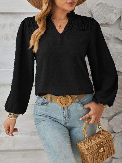 Ruched Swiss Dot Notched Balloon Sleeve T-Shirt - Trendsi - Flyclothing LLC