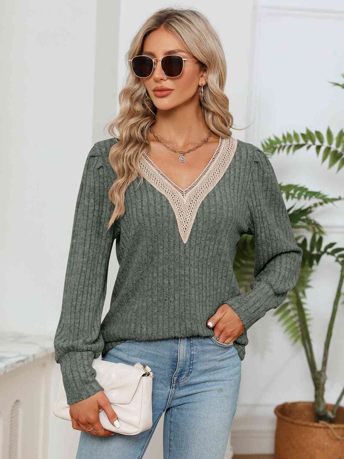 Lace Detail V-Neck Ribbed Blouse - Trendsi - Flyclothing LLC