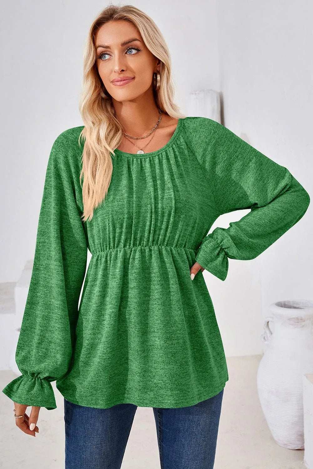 Ruched Round Neck Flounce Sleeve Blouse - Trendsi - Flyclothing LLC