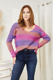 Double Take Multicolored Rib-Knit V-Neck Knit Pullover - Trendsi